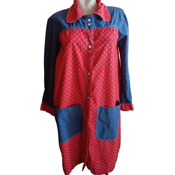 Vtg 70's Models Coat Snap-Up Chambray Peasant Country House Dress Chore Pockets - Picture 1 of 8